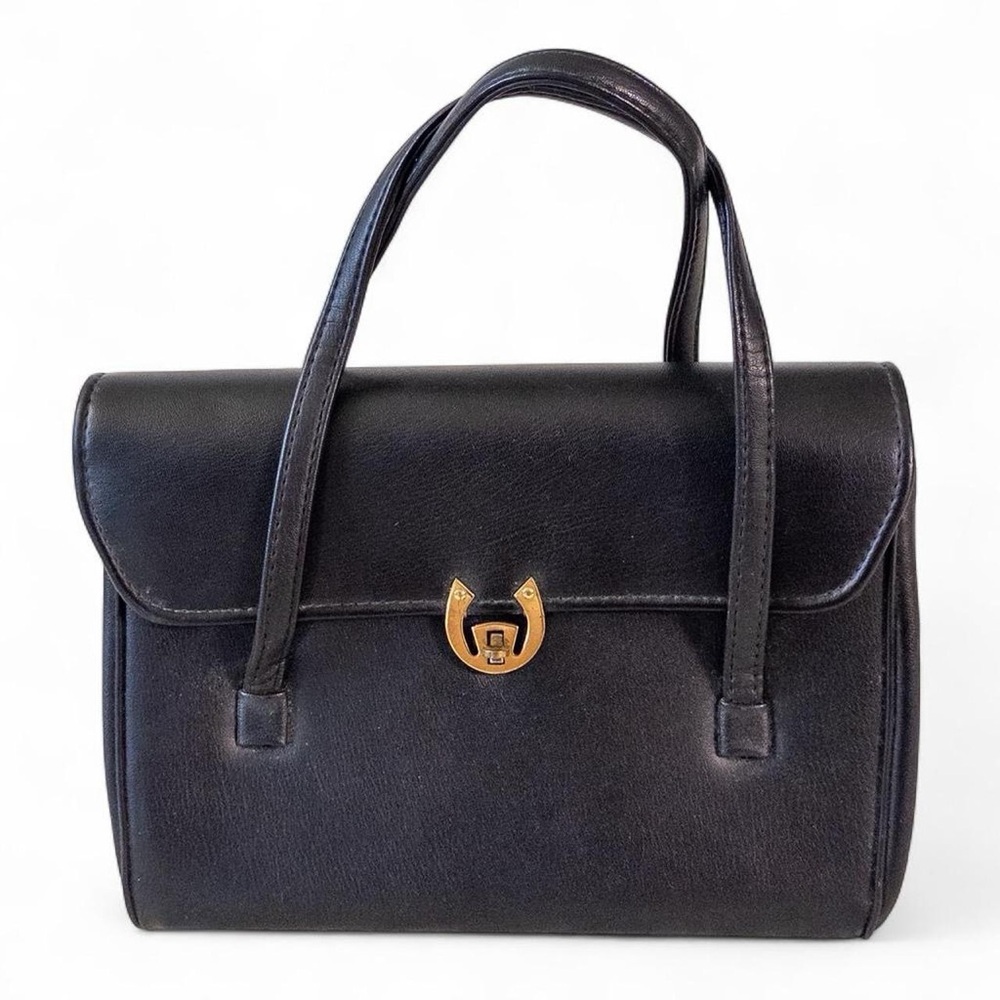 Vintage Black Top Handle Handbag Structured Gold Clasp Purse